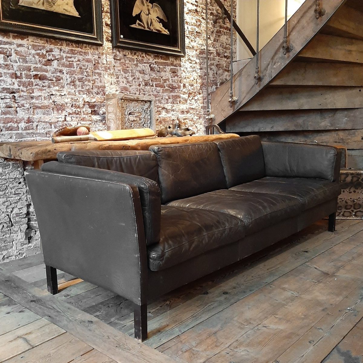 Genuine old vintage brown leather couch Piet Jonker