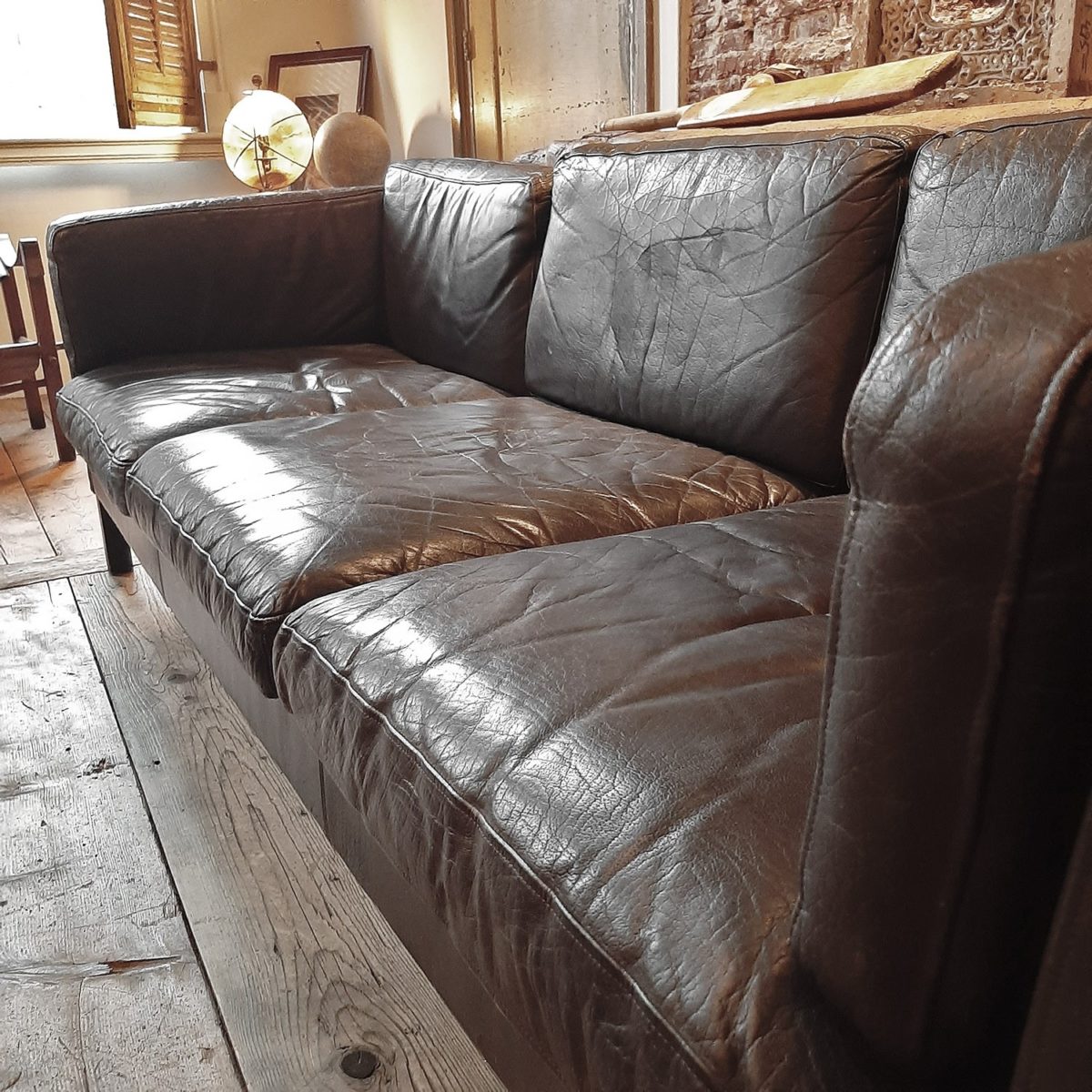 Genuine Old Vintage Brown Leather Couch, Vintage Brown Leather Couch